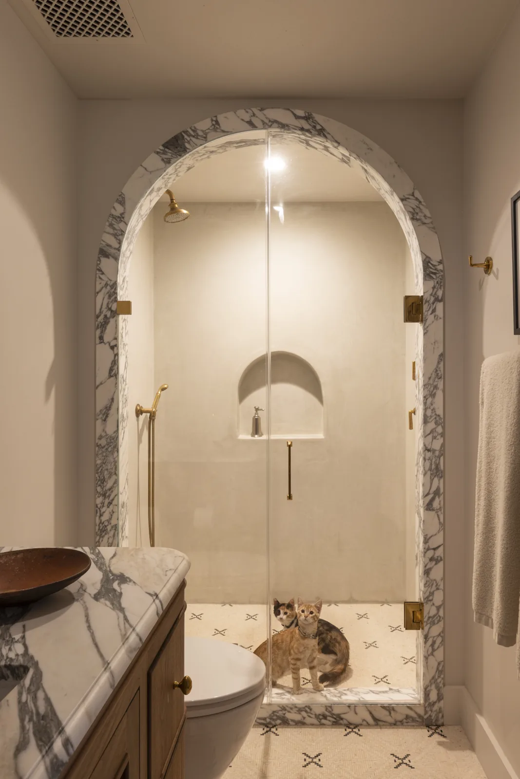 Arched marble shower entrance with glass doors and patterned tile floor at Adobe Canyon Farmhouse